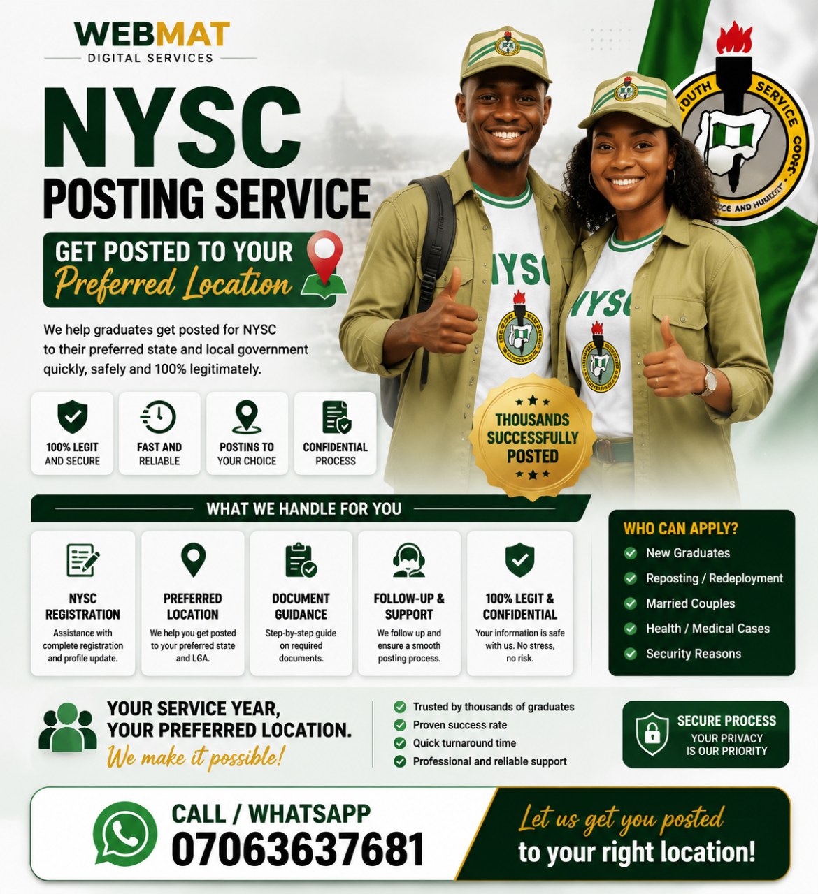 Webmat Digital Services advert for NYSC services covering registration, relocation and clearance support
